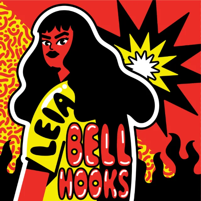 Illustration of bell hooks with flames and bold text in red and yellow