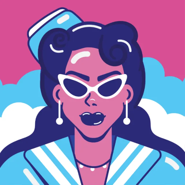 Woman with white sunglasses and earrings against a pink and blue background