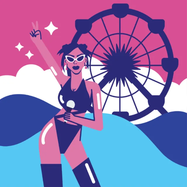 Woman in black swimsuit and sunglasses near Ferris wheel