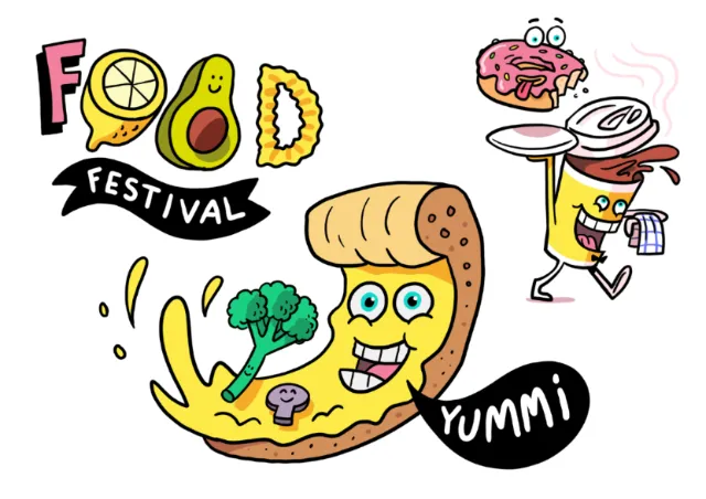 Cartoon food characters celebrating food festival with happy expressions