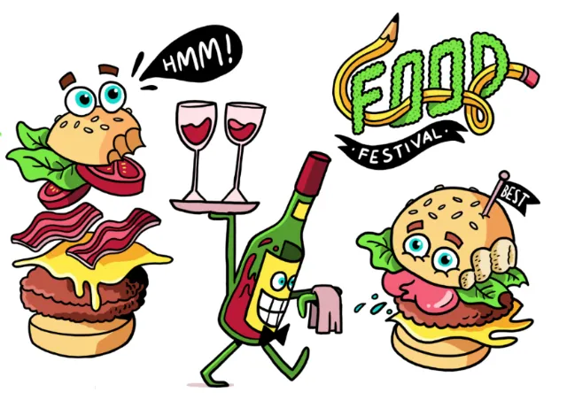 Cartoon burgers and wine bottle celebrating food festival