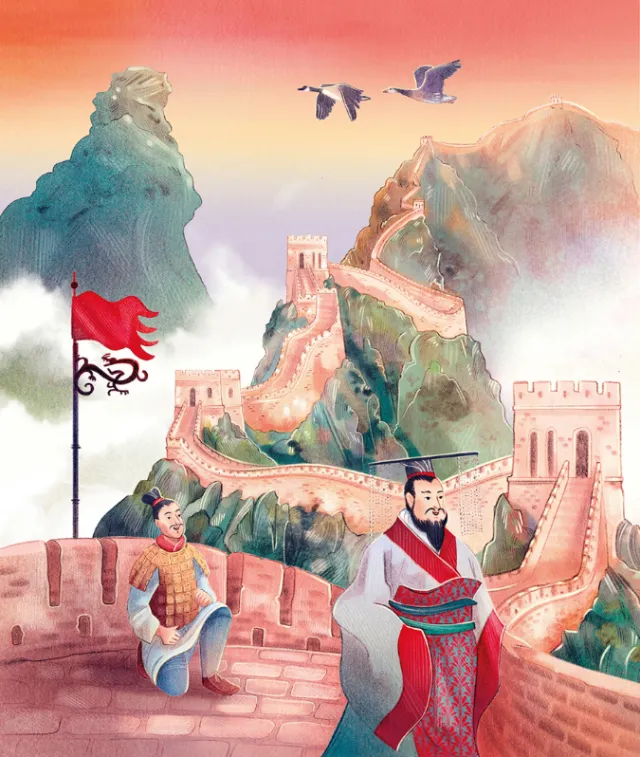 Great Wall of China with two traditional figures and birds flying overhead
