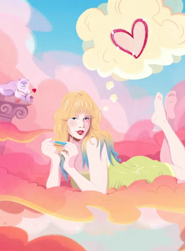 Illustration of Taylor Swift with pastel clouds and heart-shaped smoke by Maddalena Carrai