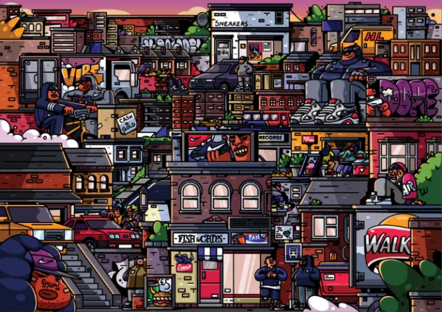 Colorful urban cityscape with buildings and street art at sunset