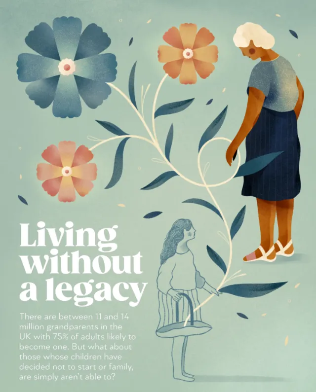 Grandmother and child linked by a flowering plant in soft colors