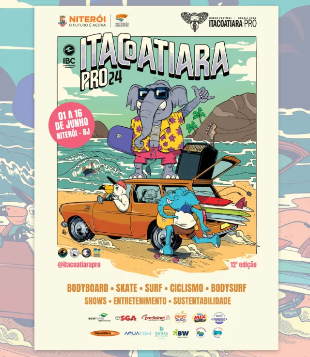 Cartoon of animals surfing and driving vintage car by ocean waves