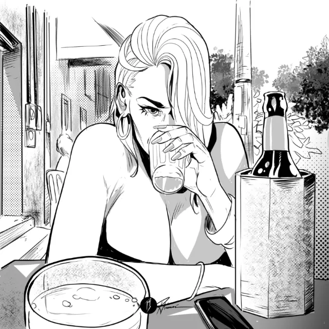 Woman drinking from a glass at a table with a bottle and container nearby.
