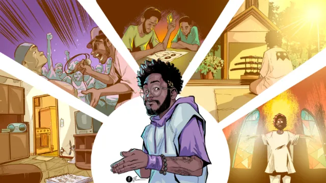 African American man depicted in multiple daily life scenes in vibrant illustration.