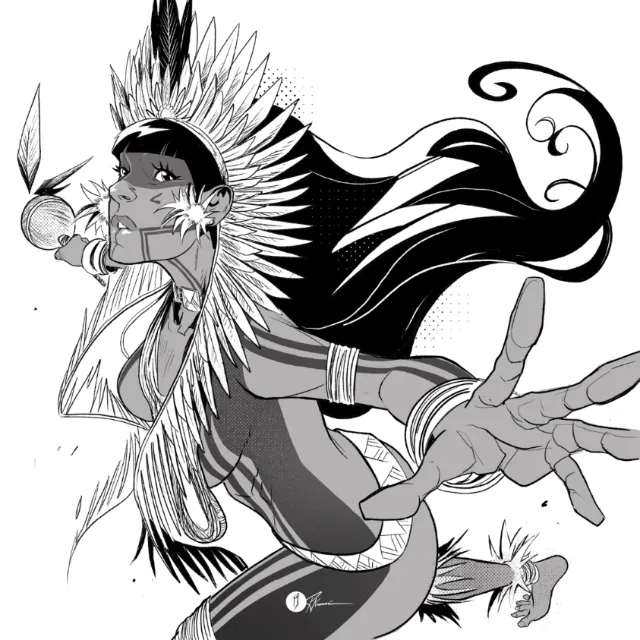 Native American archer in feathered headdress drawing a bow in black and white.