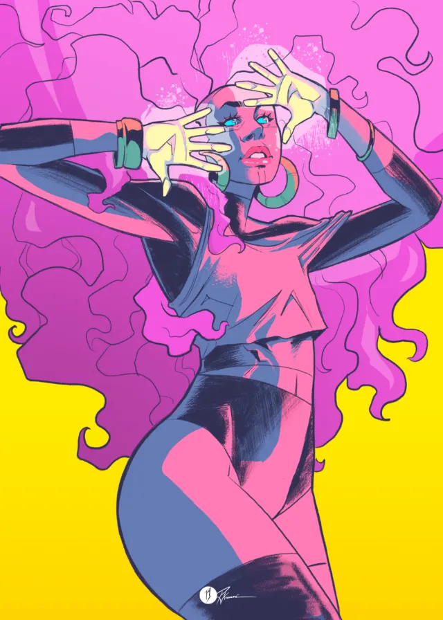 Abstract woman with pink hair and glowing hands on yellow background