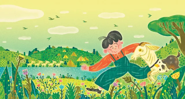Line and color drawing of a farming boy
