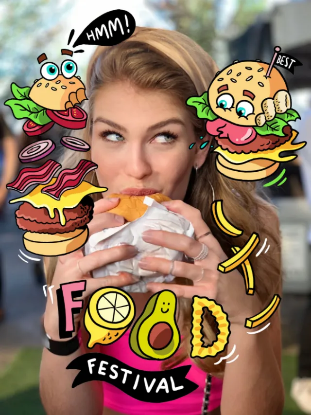 Woman eating sandwich with food festival cartoon graphics around