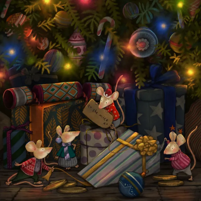 Mice near decorated Christmas presents and festive lights