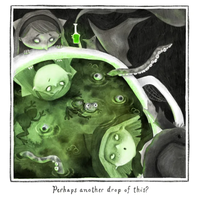 Children looking into a green glowing bathtub with strange amphibians and tentacles