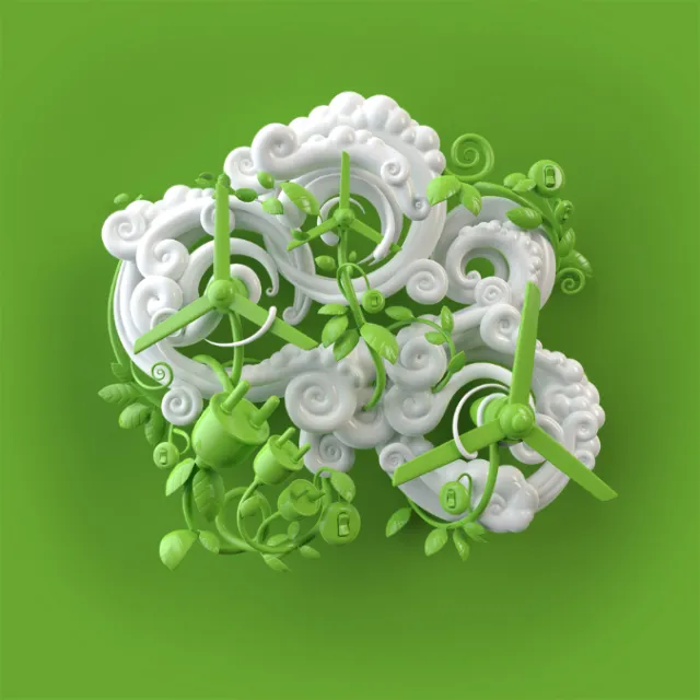 Green wind turbines with white clouds and green leaves on green background