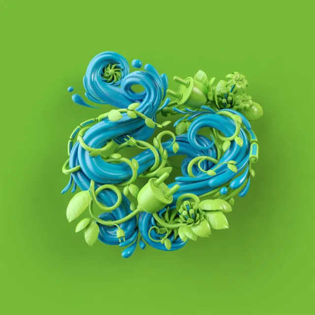 Blue and green abstract 3D swirls with plant-like forms on green background