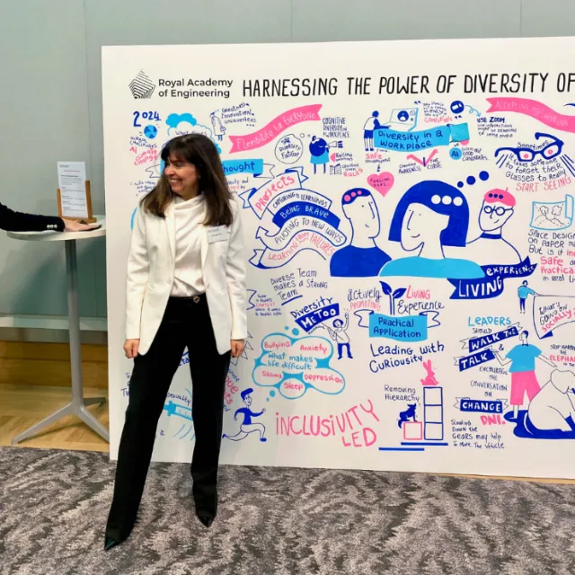 Woman in white blazer beside colorful diversity and inclusivity illustration