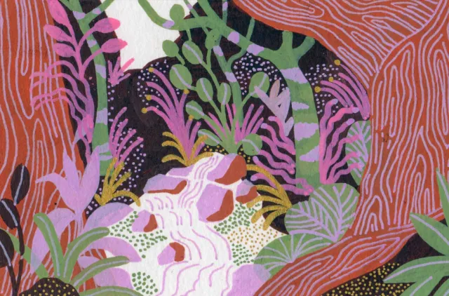 Abstract forest illustration with vibrant trees and a flowing stream