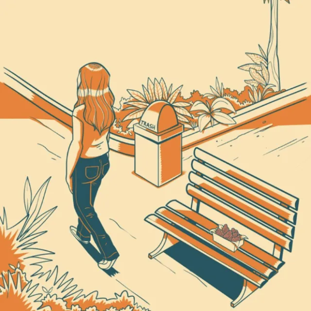 Woman walking past bench and trash can in garden area