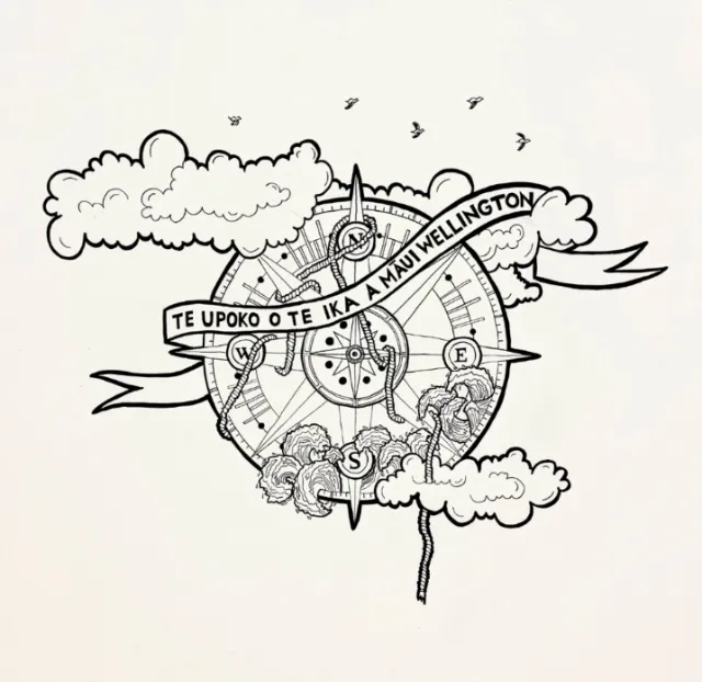 Maori compass illustration with clouds, birds, and directional symbols