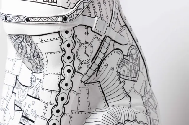 black and white steampunk mechanical pattern close-up on fabric