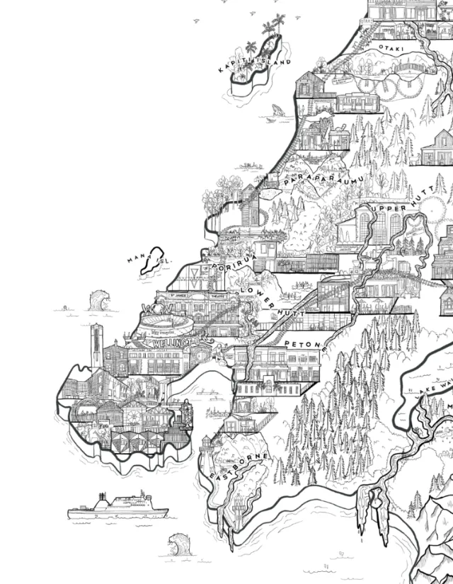 Intricate hand-drawn map with buildings, trees, and natural elements