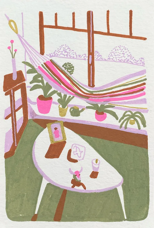 Indoor scene with hammock, plants, table with items by Gina Rosas Moncada