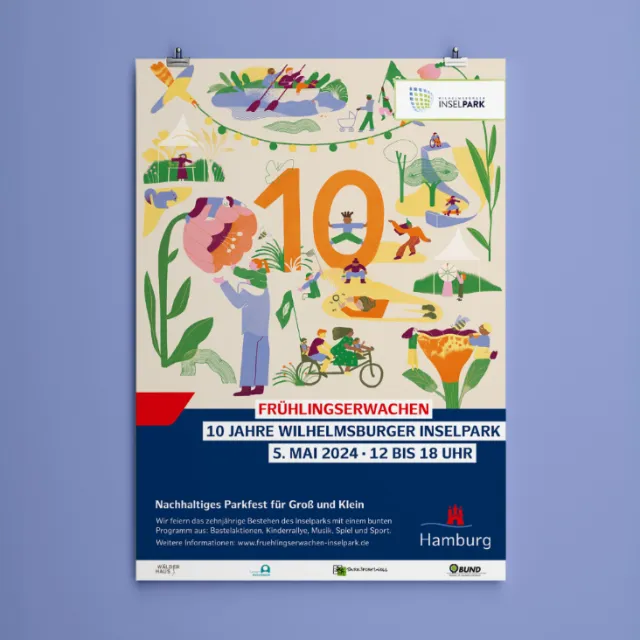 Illustrated flyer for 10 years Wilhelmshburger Inselpark spring celebration event