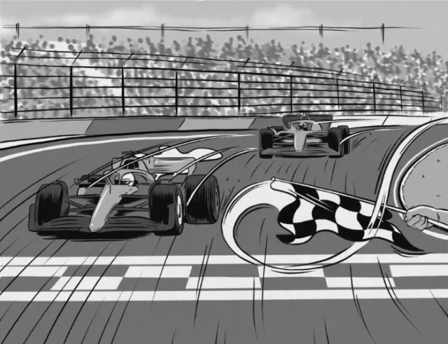 Illustration of two F1 race cars crossing the finish line