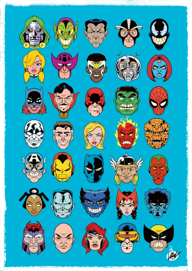 Rows of Marvel superheroes and villains illustrated faces on blue background