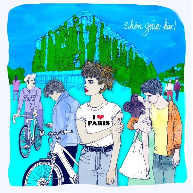 Illustration of people with bicycle in front of green-covered building by Tobias Göbel