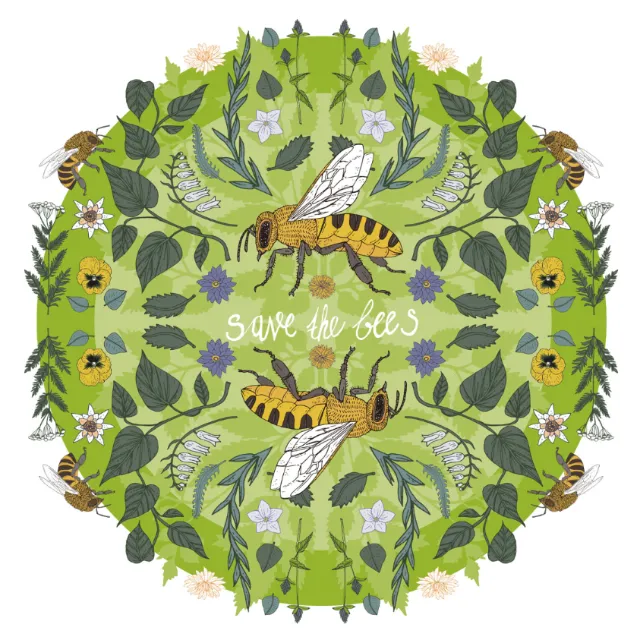 Circular arrangement of bees and flowers with Save the Bees text