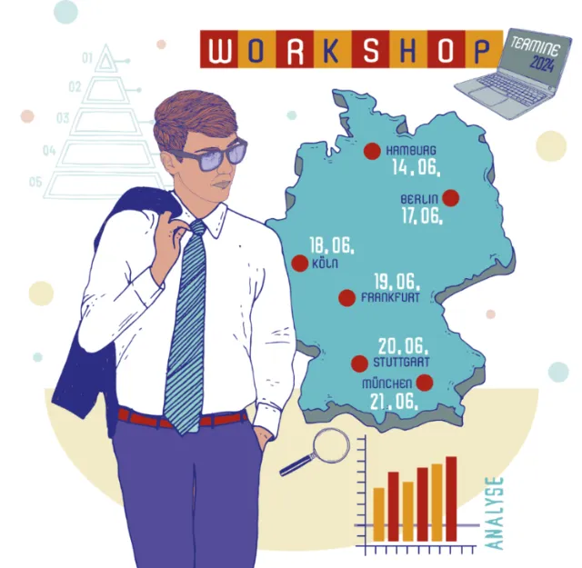 Businessman and Germany map with workshop dates and analytics graph