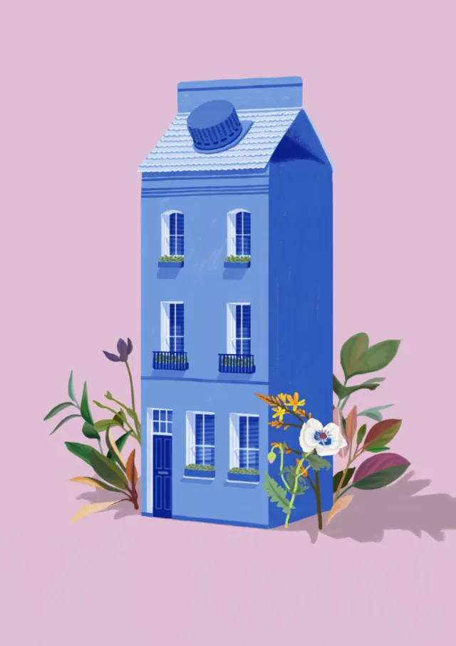 Blue milk carton designed as a house with flowers and leaves
