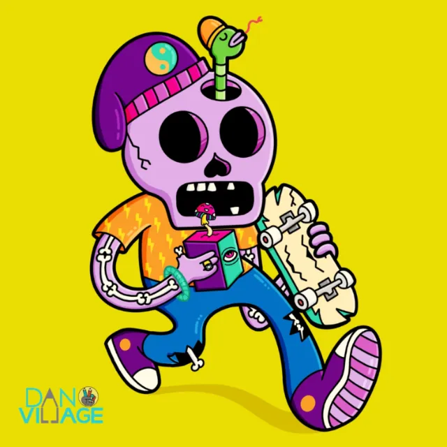 Cartoon skeleton wearing a hat and skateboard with a worm on head