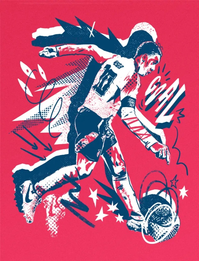 Illustration of soccer player kicking ball with action effects