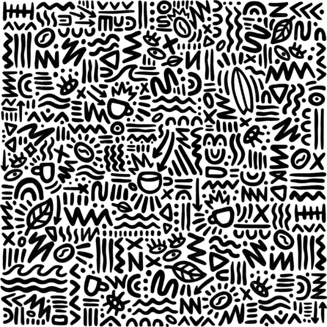 Black and white abstract pattern with diverse geometric and organic shapes