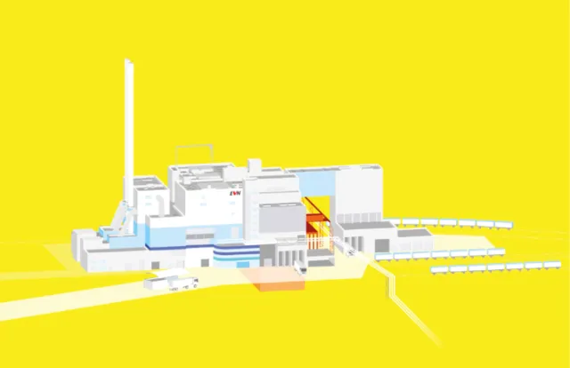 3D illustration of a factory building with multiple structures on yellow background