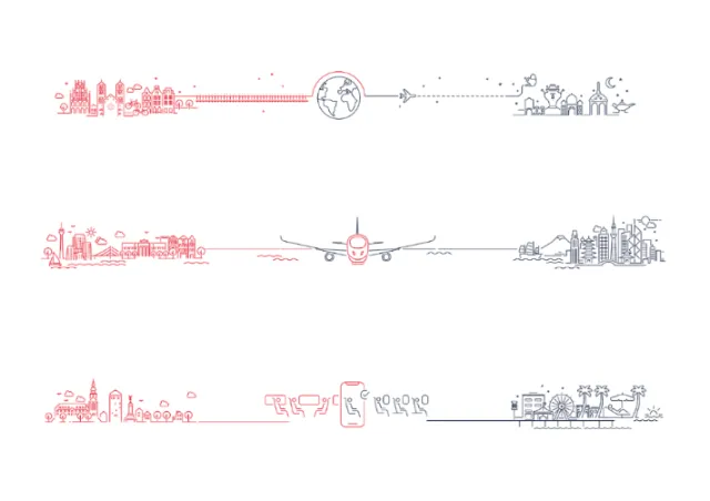 Line art of cityscapes with plane and digital connections between them