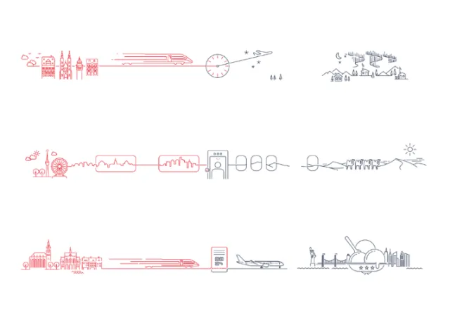 Minimalist travel and transportation line drawing with city and vehicle icons