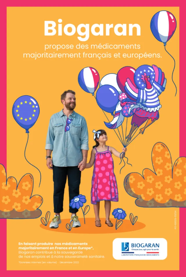 Man and girl holding French and European flag balloons on orange background