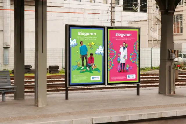 Biogaran pharma ads on train station platform display board.