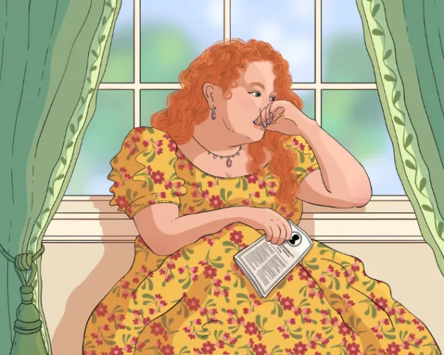 Red-haired woman in yellow floral dress reading book by window