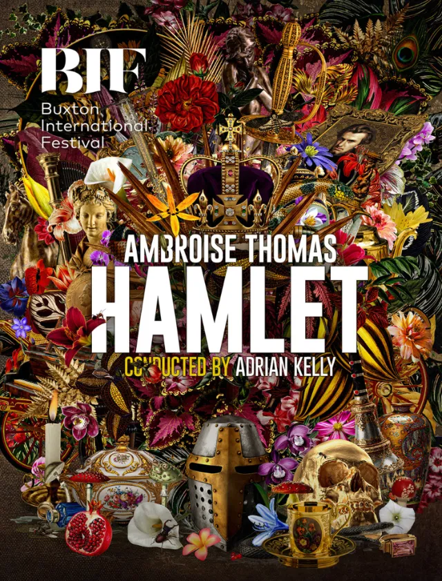 Colorful collage of Hamlet opera promotional artwork with skull and crown