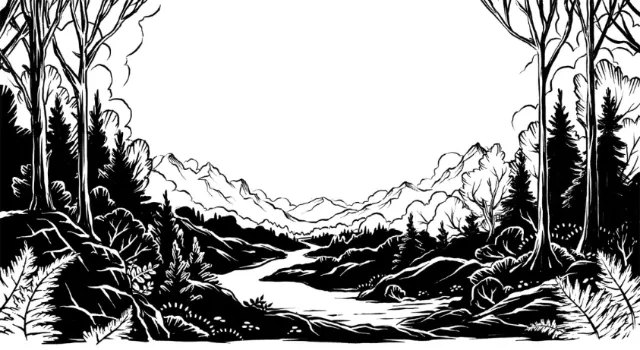 Monochrome landscape with river, trees, and mountains in the distance