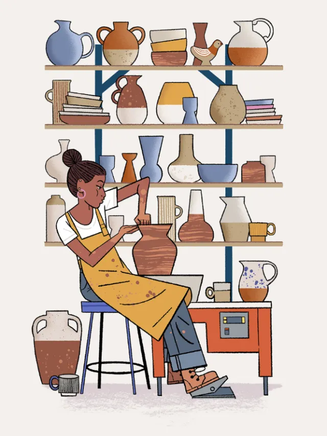 Artist sculpting pottery surrounded by shelves of ceramics by Chris King