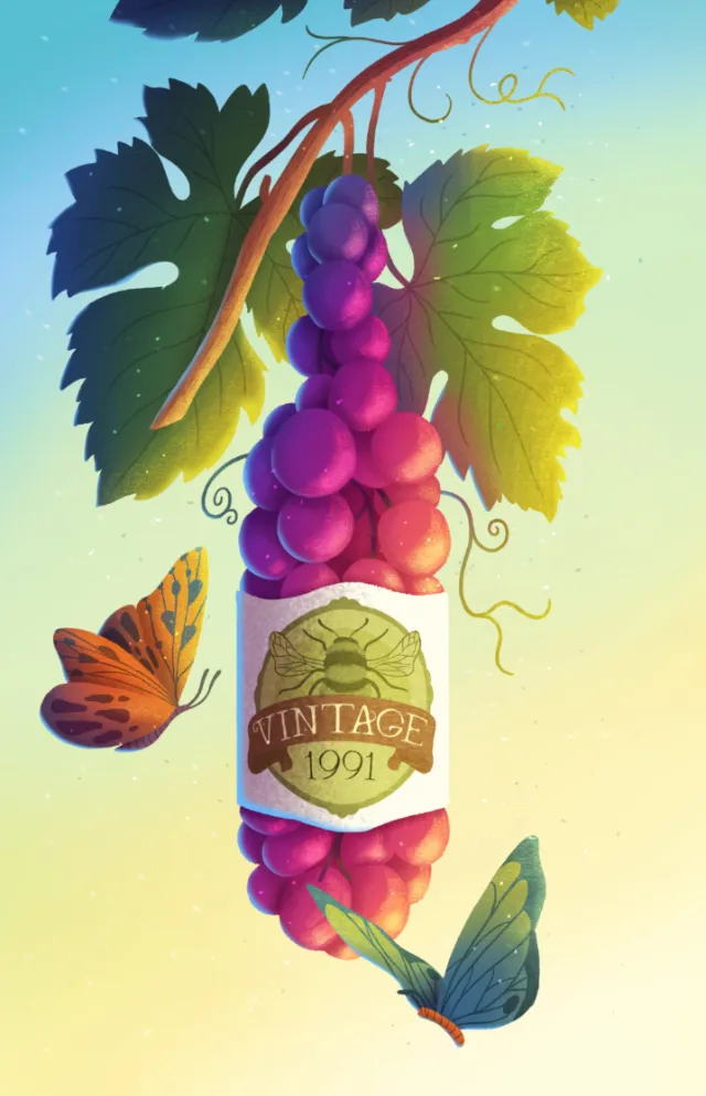 Wine bottle shaped like grapes with Vintage 1991 label and two butterflies