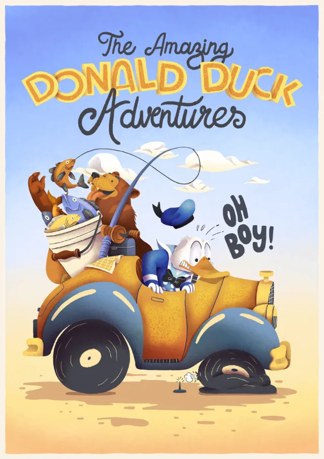 Donald Duck and friends driving a vintage car on an adventure