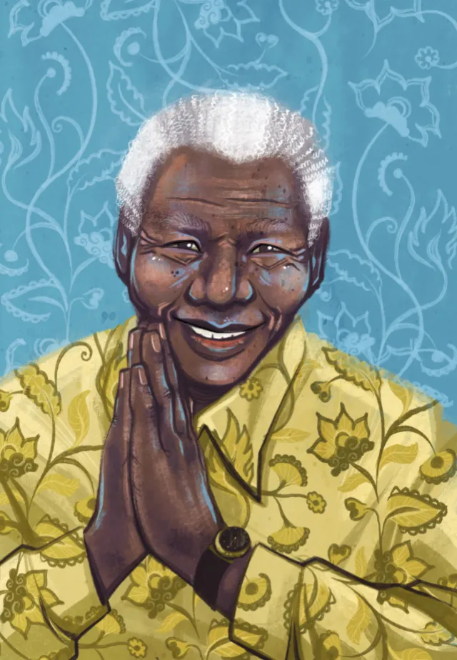 Portrait of Nelson Mandela smiling with hands together