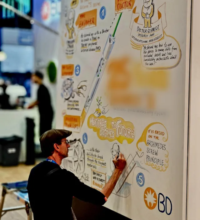 Person sketching on a detailed whiteboard with illustrations and text